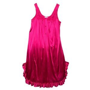 Vtg Satin Slip Dress‎ Nightgown Medium Hot Pink Lace Ruffle Coquette Whimsigoth